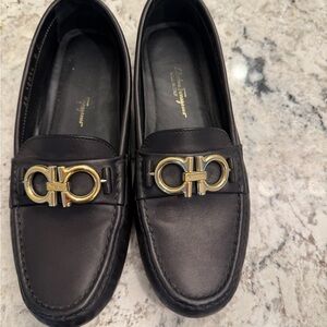 Salvatore Ferragamo Black Loafers with Gold Hardware